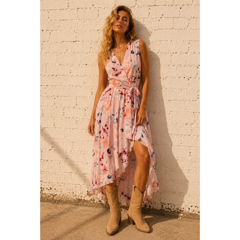 Ivanka Trump Pink Floral Wrap High Low Maxi Dress Size 12 NWT